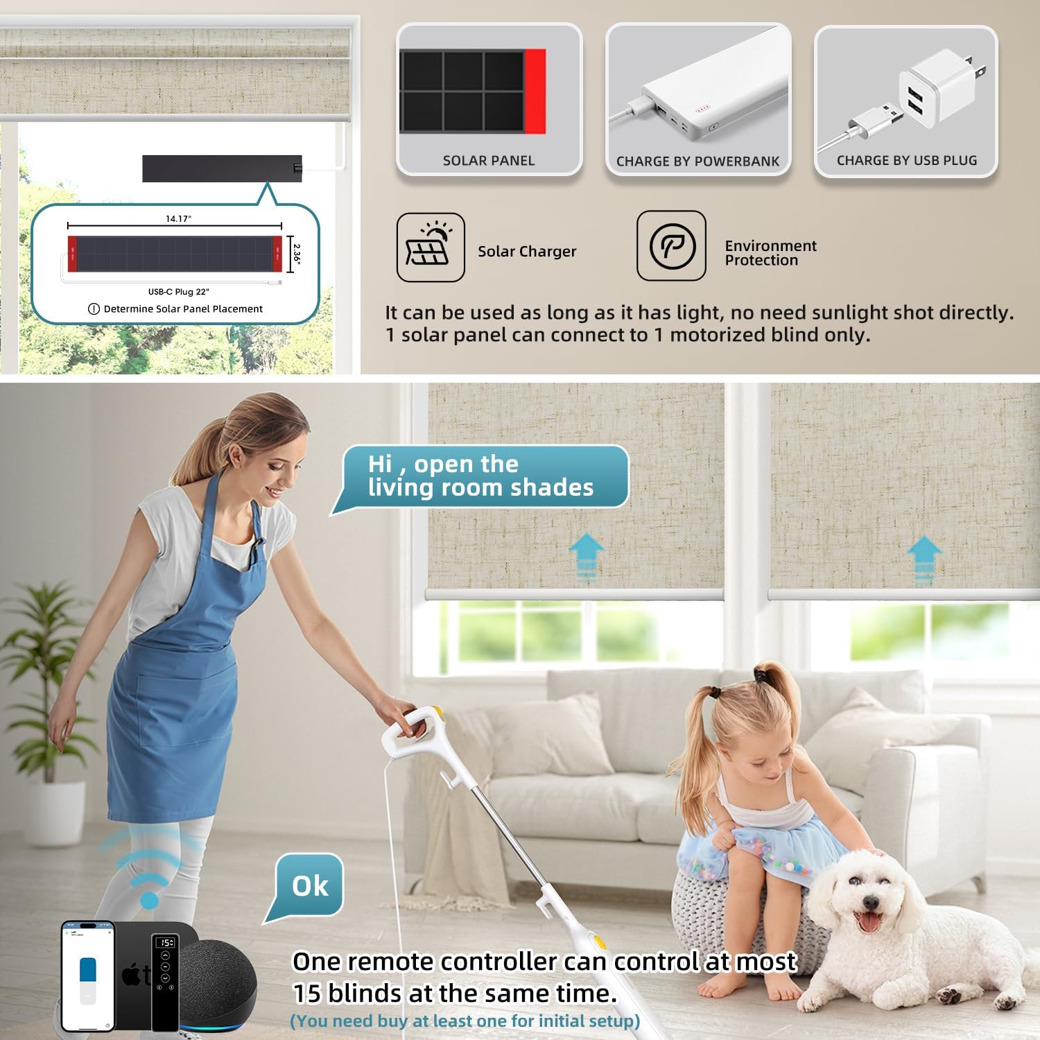 SmartWings Motorized 100% Blackout Shades Blinds, Custom Size, Cordless Window Shades with Rechargeable Battery, Work with Matter/Apple HomeKit, Alexa, Thread/Zigbee, Remote Optional, Linen Stone