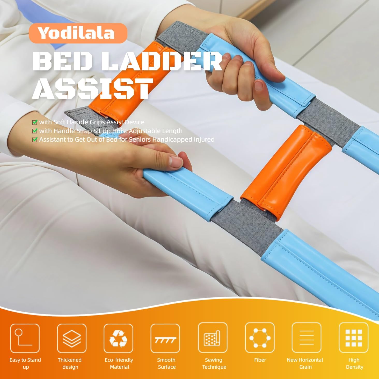 Bed Ladder Assist with Soft Handle Grips Assist Device with Handle Strap Sit Up Hoist Adjustable Length Assistant to Get Out of Bed for Seniors Handicapped Injured（Blue）