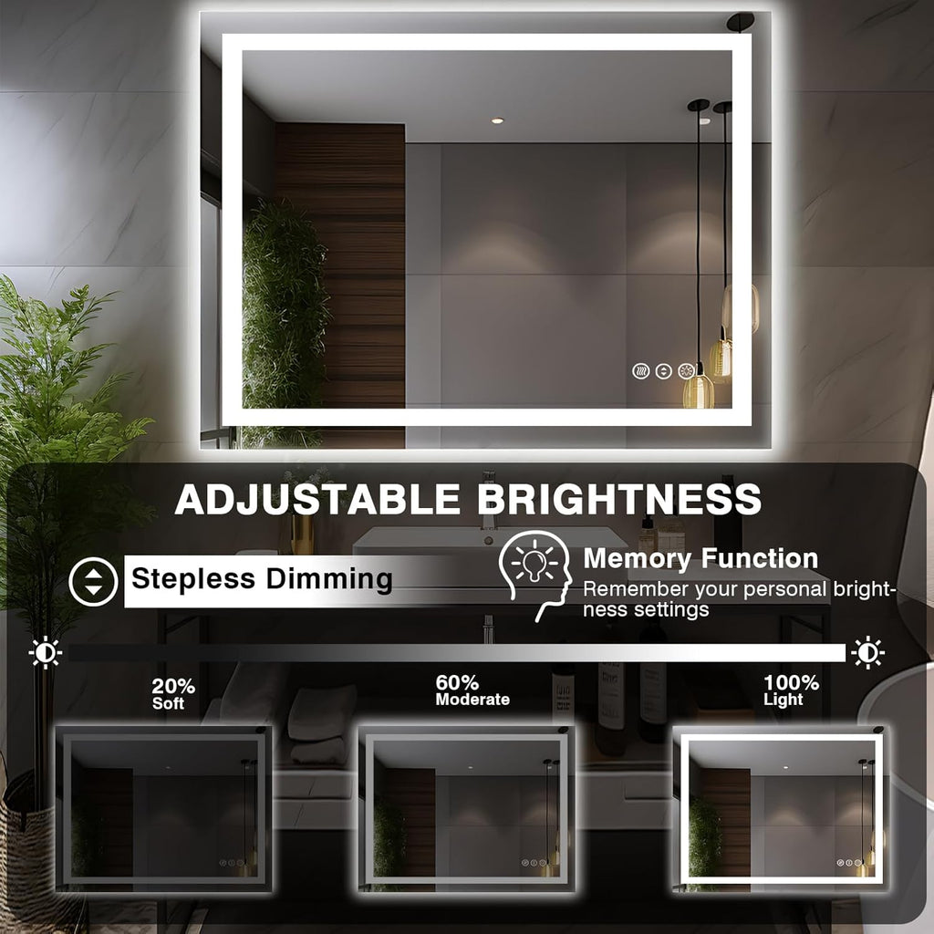 44"x36" LED Light Mirror for Bathroom (Front and Backlit), Anti-Fog Bathroom Vanity Mirror, Stepless Dimmable Lighted Mirror, Tempered Glass, Memory (Horizontal/Vertical)
