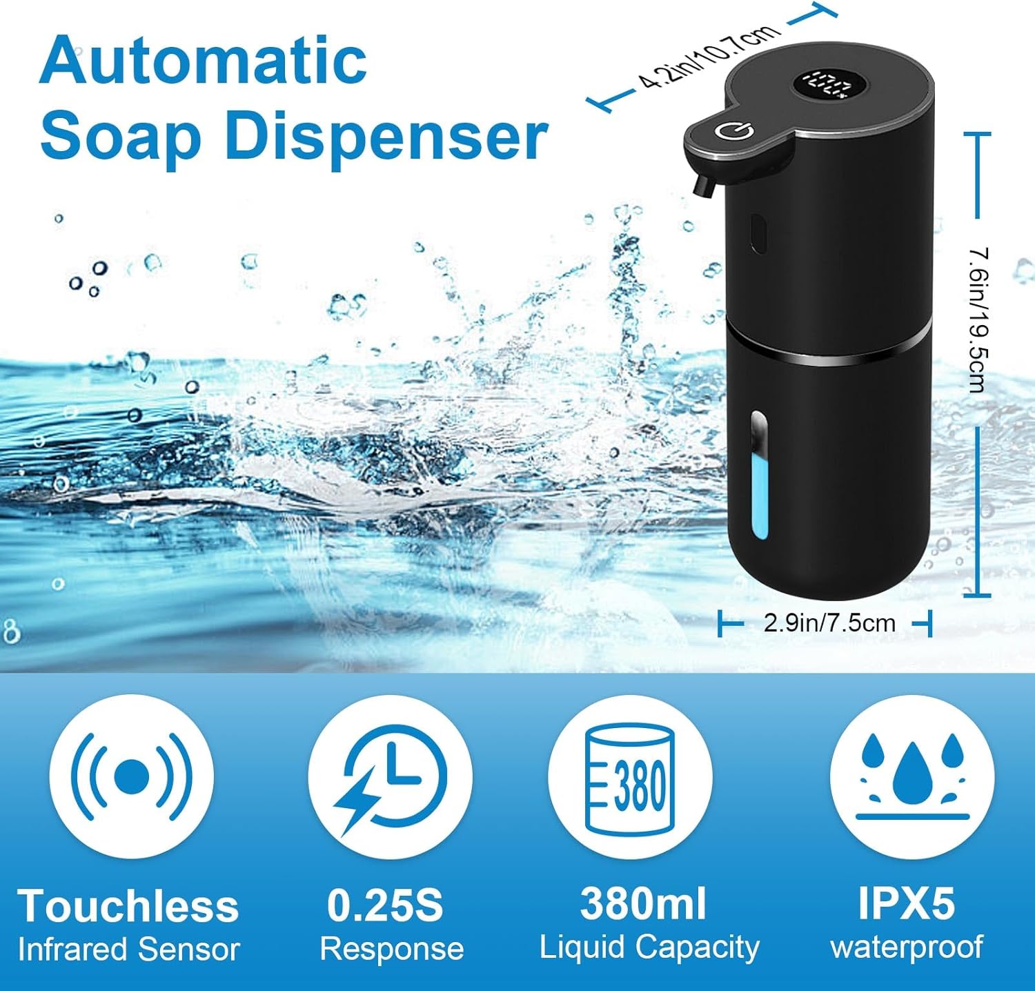 Automatic Foaming Soap Dispenser Touchless, USB Rechargeable Smart Hand Soap Dispenser, 6-Level Adjustable, 12.8oz/380mL, Compatible with Thick Thin Dish Soap for Bathroom Kitchen-Black