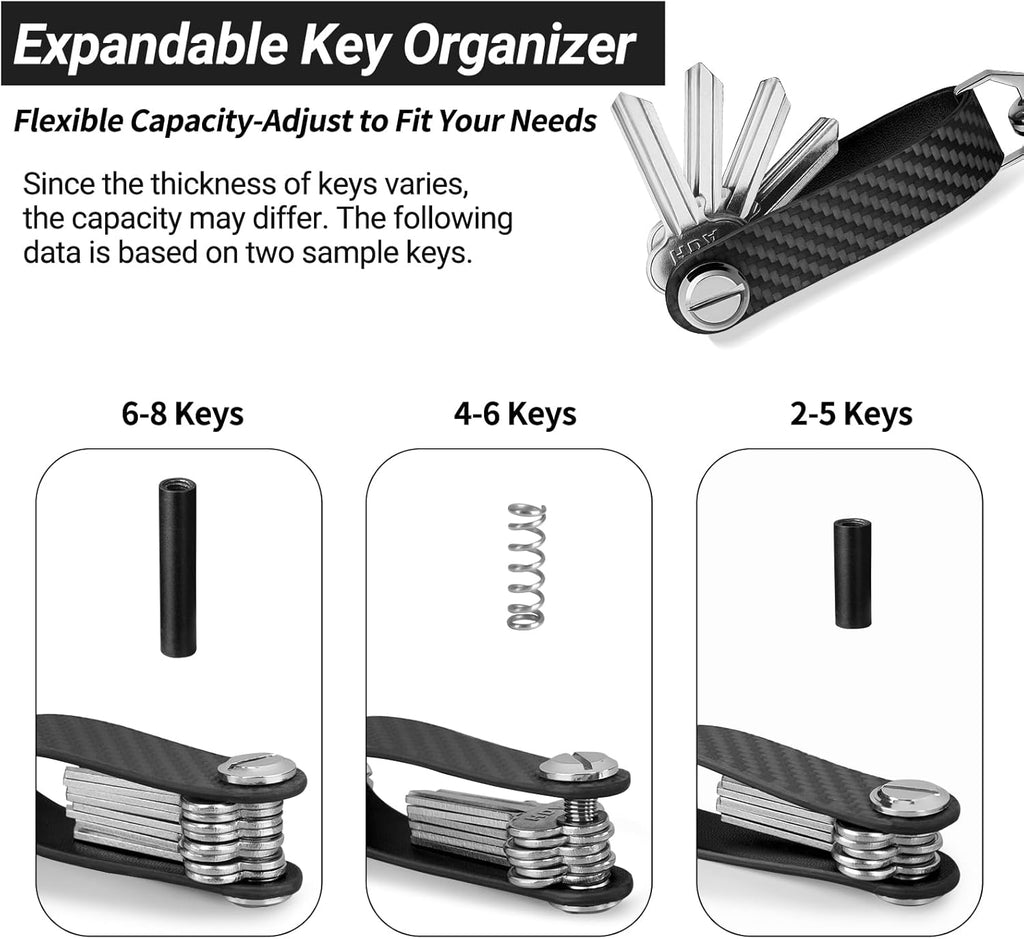 T-carbon Key Organizer, Carbon Fiber Leather Compact Key Holder, Silent Keychain, Expandable Key Case Holds Up to 8 Keys