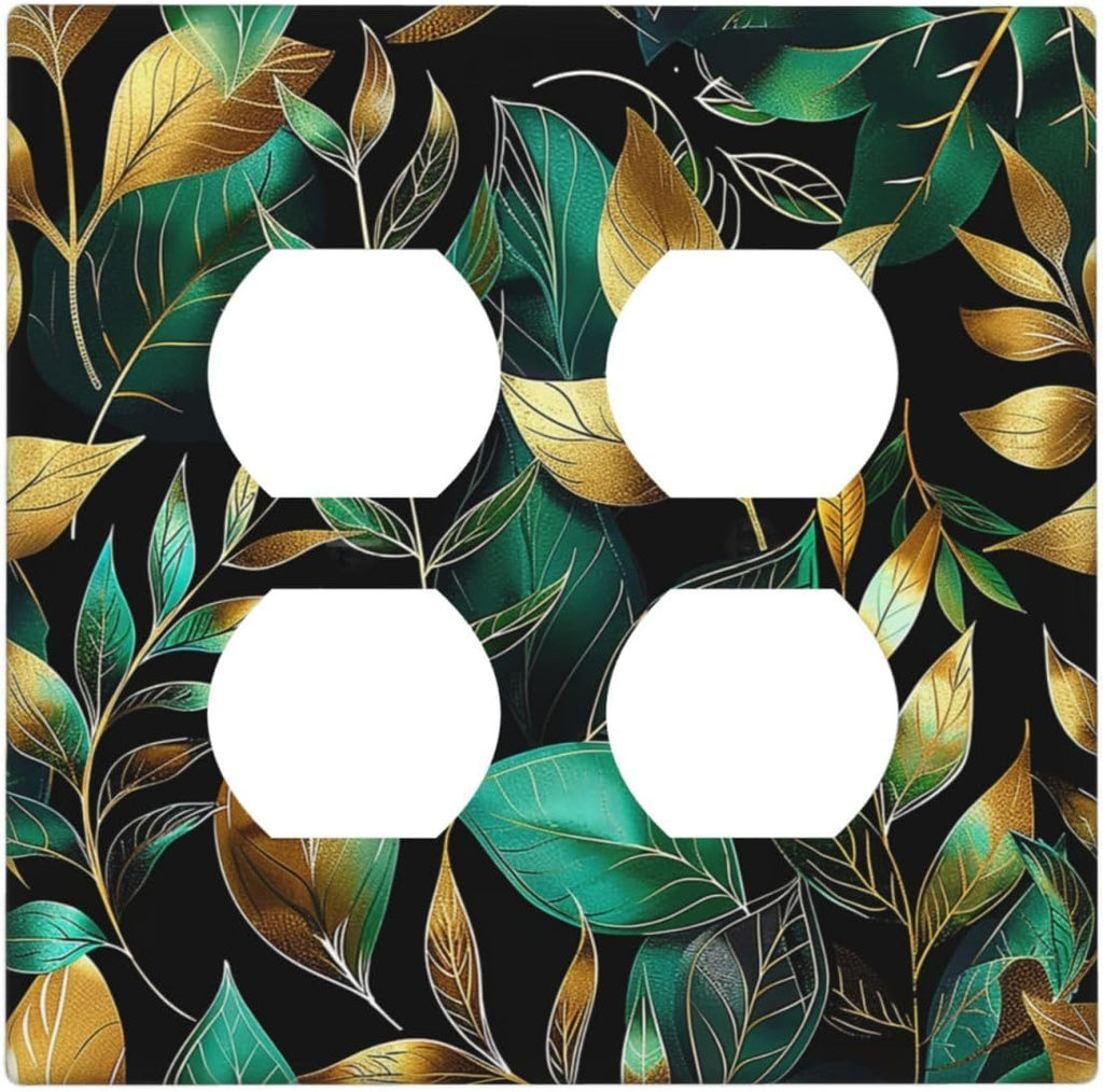 Outlet Covers Vintage Dark Green Vine Leaf Golden Plants 2 Gang Double Duplex Decorative Light Switch Covers Electrical Wallplates Socket Faceplate for Bed Room Cabin Decor
