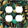 Outlet Covers Vintage Dark Green Vine Leaf Golden Plants 2 Gang Double Duplex Decorative Light Switch Covers Electrical Wallplates Socket Faceplate for Bed Room Cabin Decor