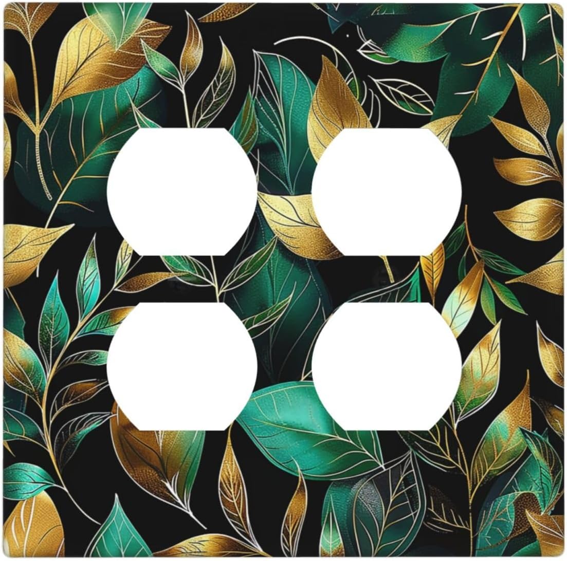 Outlet Covers Vintage Dark Green Vine Leaf Golden Plants 2 Gang Double Duplex Decorative Light Switch Covers Electrical Wallplates Socket Faceplate for Bed Room Cabin Decor