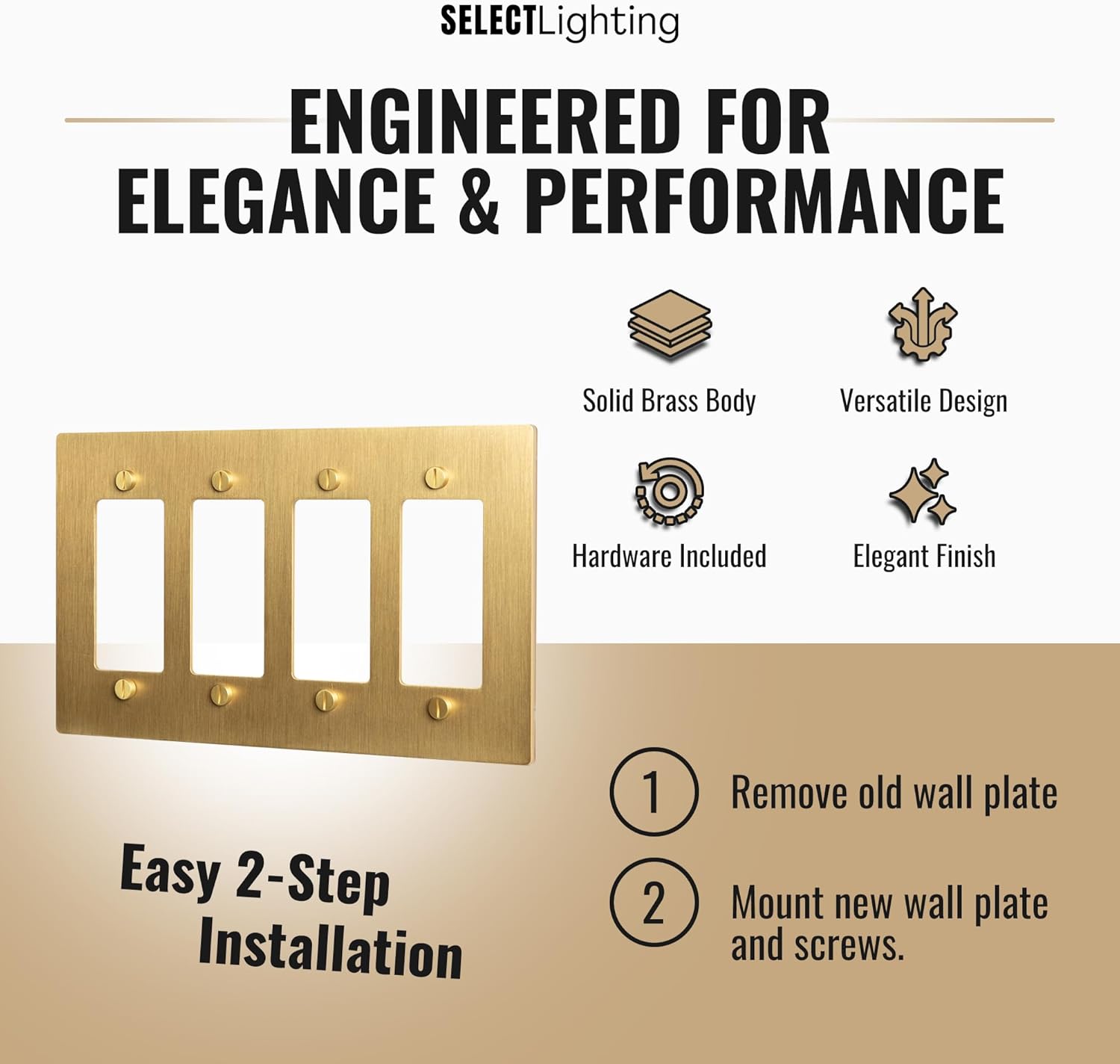 4-Gang Satin Brass Wall Plate, Electrical Receptacle Wall Outlet Faceplate, GFI/Rocker Decorator Light Switch Cover
