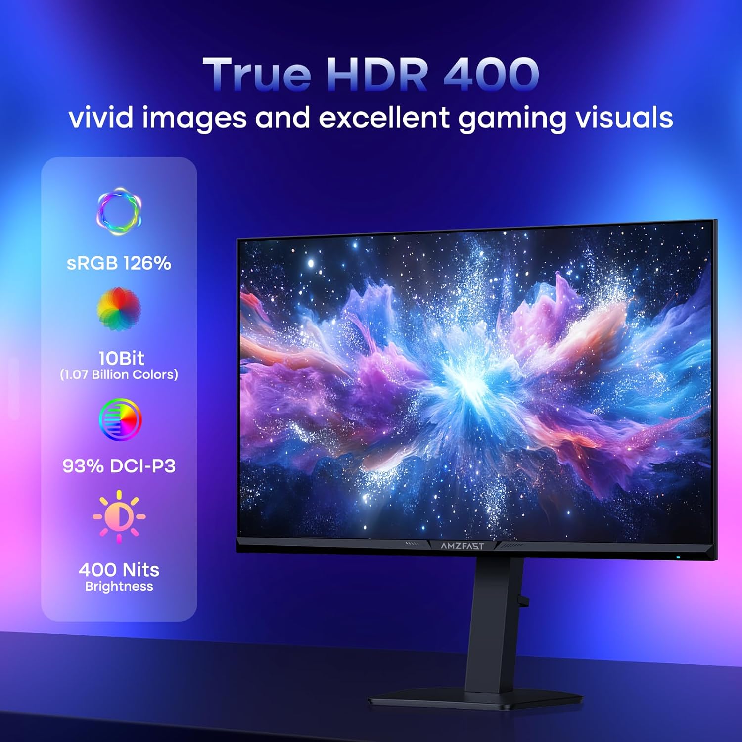 Amzfast 27’‘ 4K Gaming Monitor HDR 400, UHD 160Hz 144Hz | FHD 320Hz 300Hz Dual Mode PC Monitor, Built-in Speakers 1ms Fast IPS, 126% sRGB PIP/PBP, 2* HDMI 2.1 & 2* DP 1.4 VESA (HDMI DP Dual Cables)