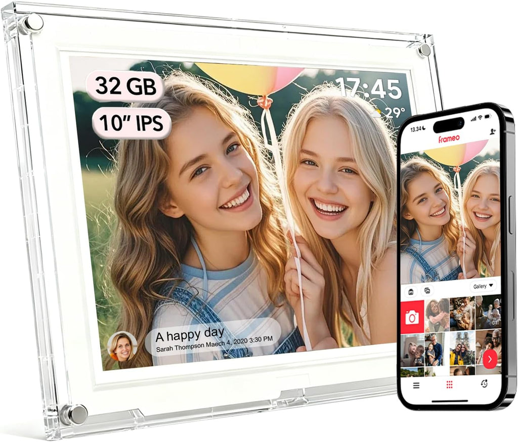 Frameo Digital Picture Frame,10.1 Inch WiFi Slim Acrylic Digital Photo Frames,1280x800 HD IPS Touch Screen Photo Frame Electronic,32GB Memory,Share Photos/Videos Instantly via Frameo App from Anywhere