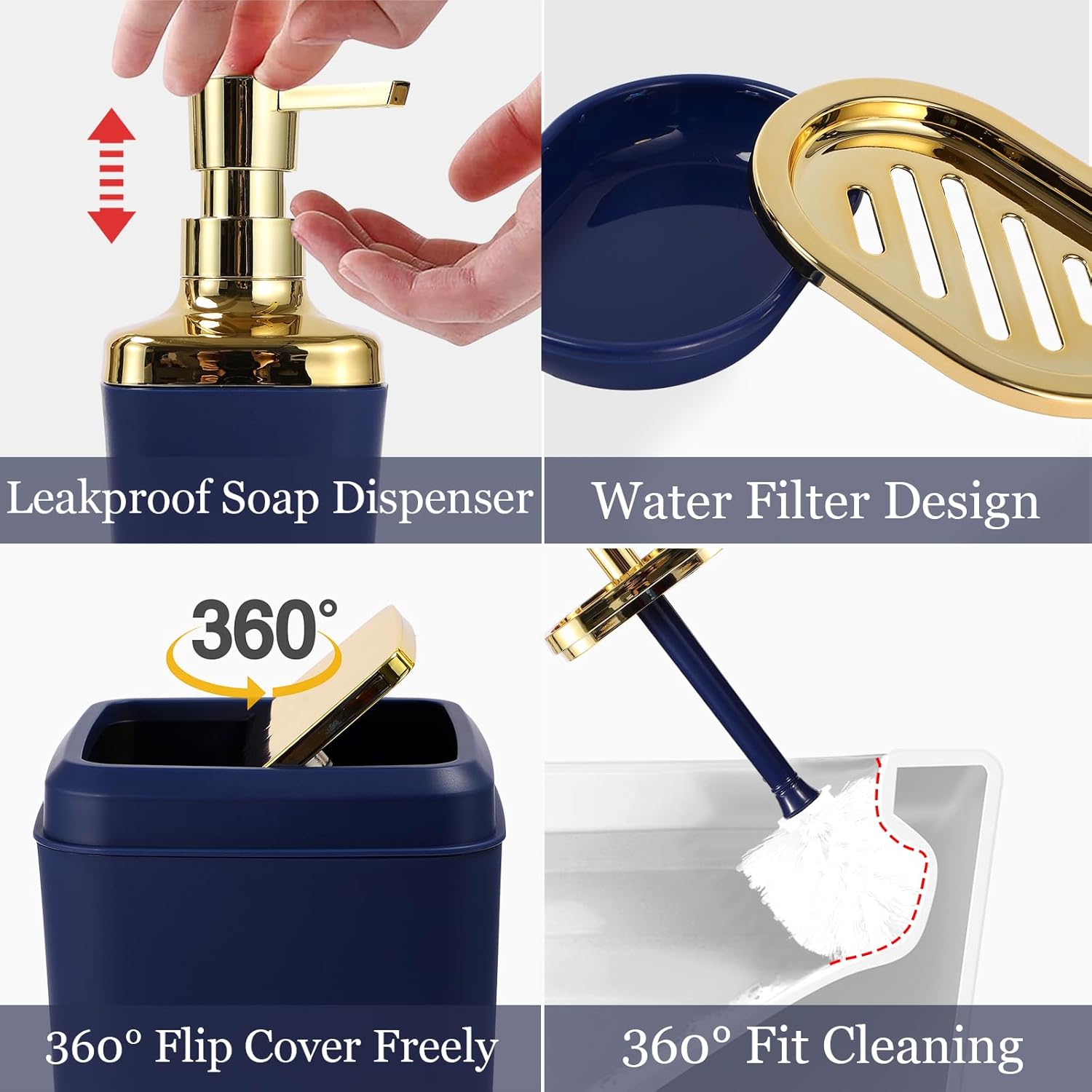 Bathroom Set - Blue and Gold Bathroom Accessories, Bathroom Sets with Shower Curtain and Rugs, Navy Blue Shower Curtain Set with Bathroom Trash Can, Soap Dispenser, Soap Dish for Home Decor
