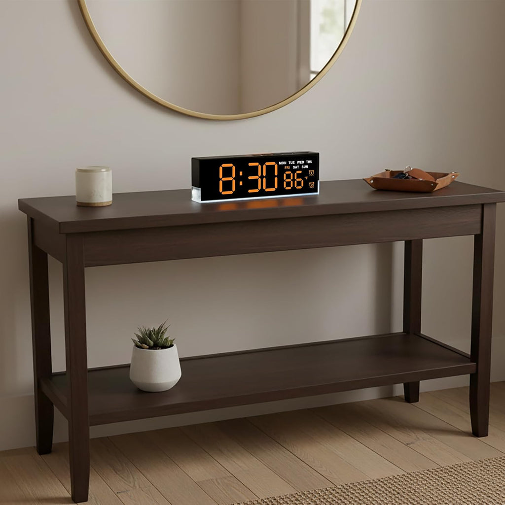 zyzamay 7-Inch Modern LED Digital Alarm Clock with Dual Alarms & Soft Bottom Light｜Displays Time, Date, Day, Temperature｜3-Level Auto/Manual Brightness,DST, USB or Battery Powered Desk Clock,Orange