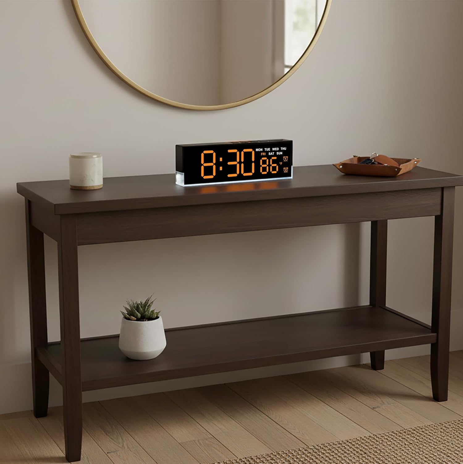 zyzamay 7-Inch Modern LED Digital Alarm Clock with Dual Alarms & Soft Bottom Light｜Displays Time, Date, Day, Temperature｜3-Level Auto/Manual Brightness,DST, USB or Battery Powered Desk Clock,Orange