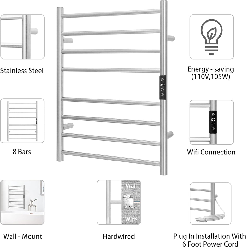 KEG Smart WiFi Towel Warmer Wall Mounted with Built-in Timer and Temperature Adjust Control, 8 Bars Electric Stainless Steel Heated Towel Racks for Bathroom Brushed Nickel