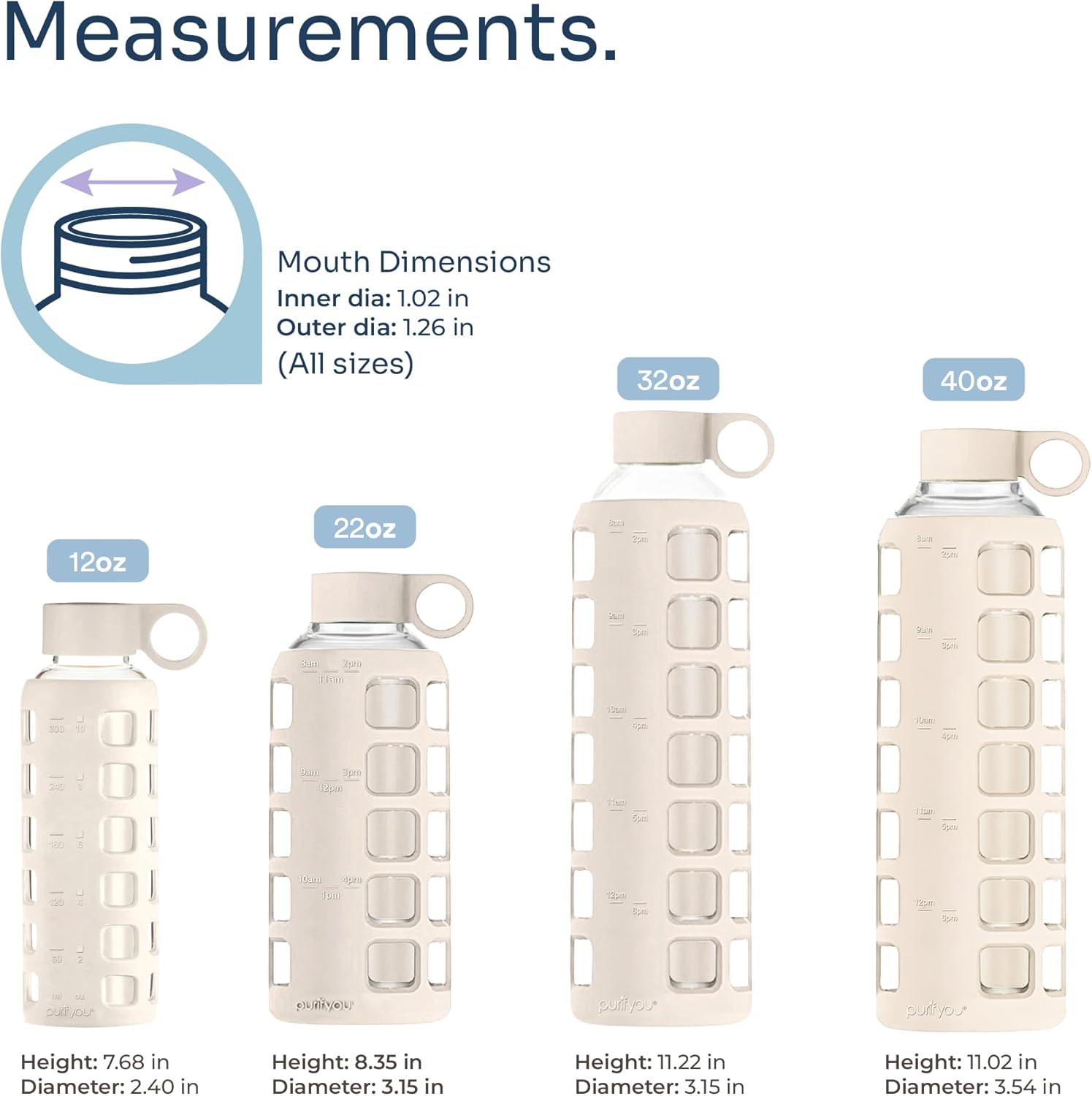 purifyou 40oz / 32oz / 22oz / 12oz Borosilicate Glass Water Bottle with Time & Volume Markers, Silicone Sleeve, Stainless Steel Lid | Reusable Glass Bottle for Water & Juice (32oz Pearled Ivory)
