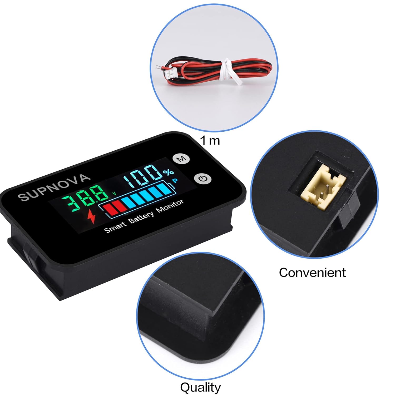 Battery Monitor12v 24v 36v 48v 60v 72v, Car,Golf cart Battery Tester Digital Display Capacity 7-100V Voltage Monitor Capacity Percentage Tester with Buzzer Alarm and Temperature(Not Waterproof)