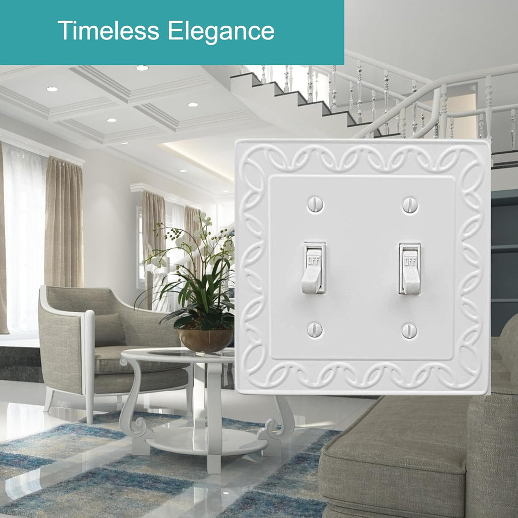 Double Toggle Light Switch Cover NovaBloom Metal Wall Plate, 2-Pack White 2 Gang, Light Switch Cover Decorative Wallplate, Durable