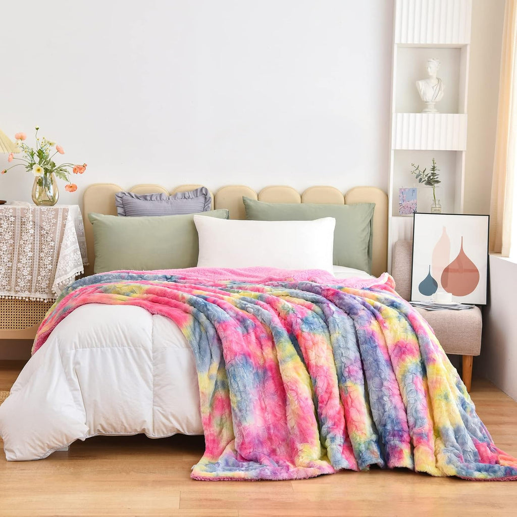 NEWCOSPLAY Super Soft Faux Fur Blanket Queen Size Dark Rainbow Sherpa Fuzzy Plush Warm Blanket for Sofa Bed (Dark Rainbow, Queen(90"x90"))