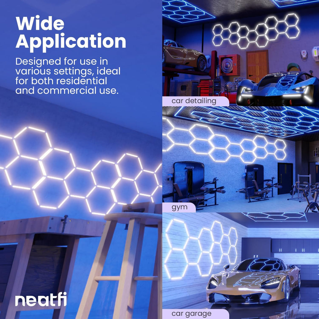 Neatfi LED Hexagon Garage Lights with 14,400 Lumens, 6500K, 192W, Hexagon Lights for Garage, Auto Shops, Car Detailing, Basements, Warehouses, Barber Shops, Beauty Salon, & Gym (5 Hex, Cool White)