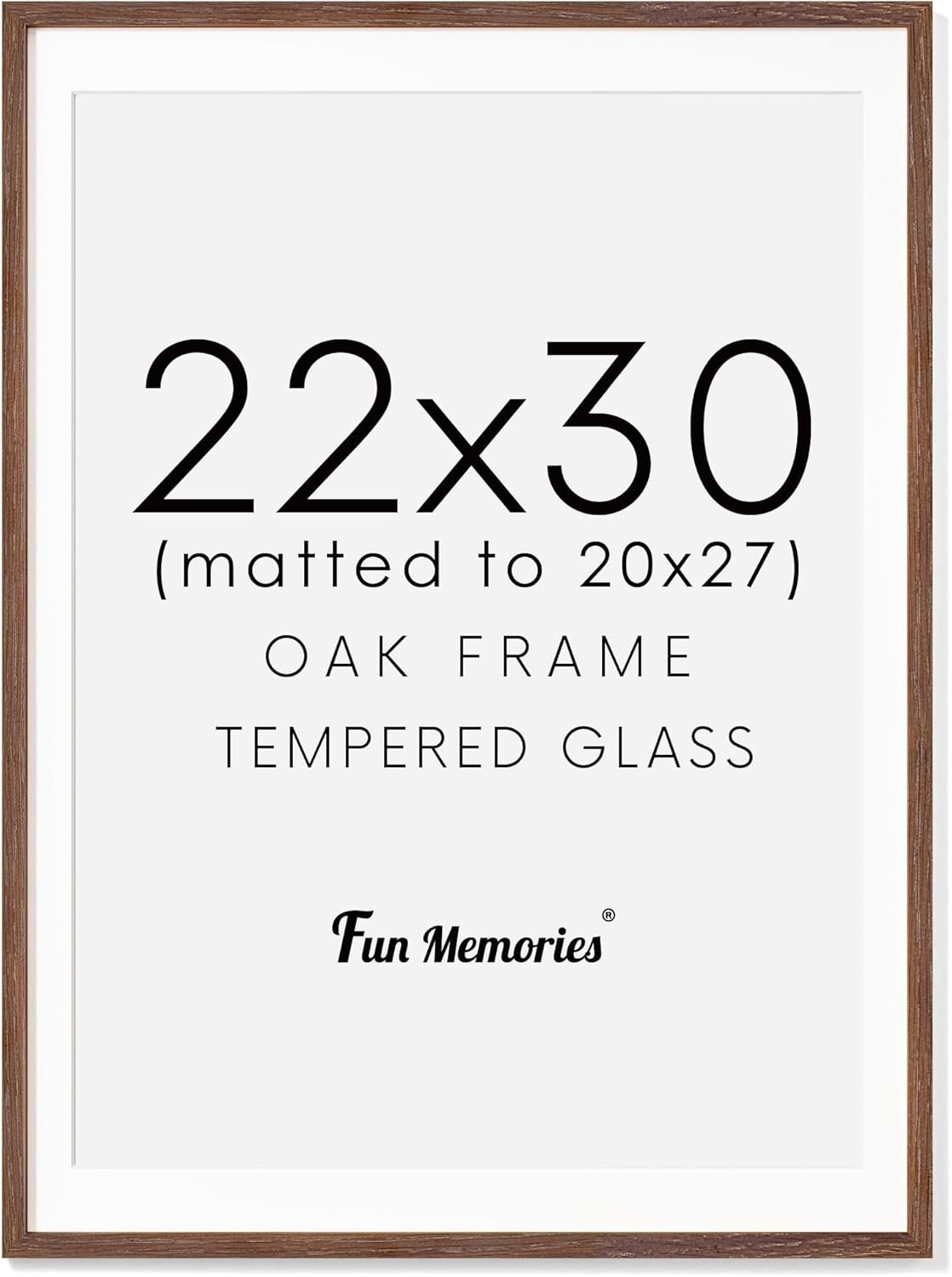 Fun Memories 22x30 Oak Wood Picture Frame, 22"x30" Poster Frame for Wall, 22x30 Picture Frame with Mat for 20x27, Solid Oak Wood Photo Frame 22 x 30 with Tempered Real Glass (Walnut Color, 1 Pack)