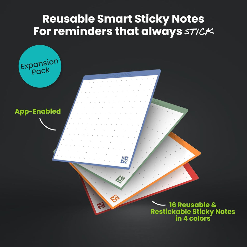 Rocketbook Reusable Sticky Notes, Restick and Reorganize Memo Pads, 3"x3", 16 Multi-Colored Sticky Notes Only (Pack of 1)