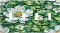 Vintage Floral White Flowers Green Plants Leaves Light Switch Covers Quad Toggle 4 Gang Wall Plate Decorative Switch Plates Electrical Faceplate for Bedroom Bathroom Decor