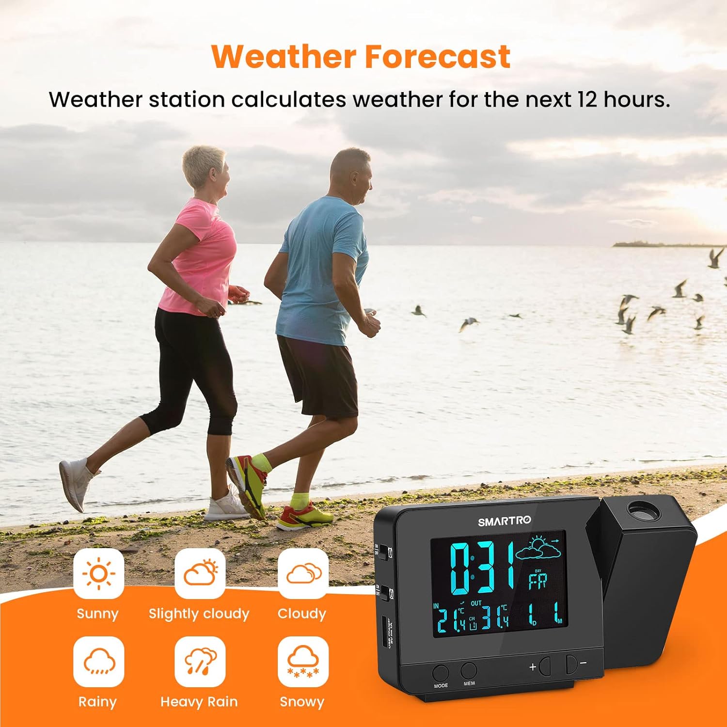 SMARTRO SC31B Digital Projection Alarm Clock with Weather Station, Indoor Outdoor Thermometer for Bedrooms, USB Charger, AC Battery Operated