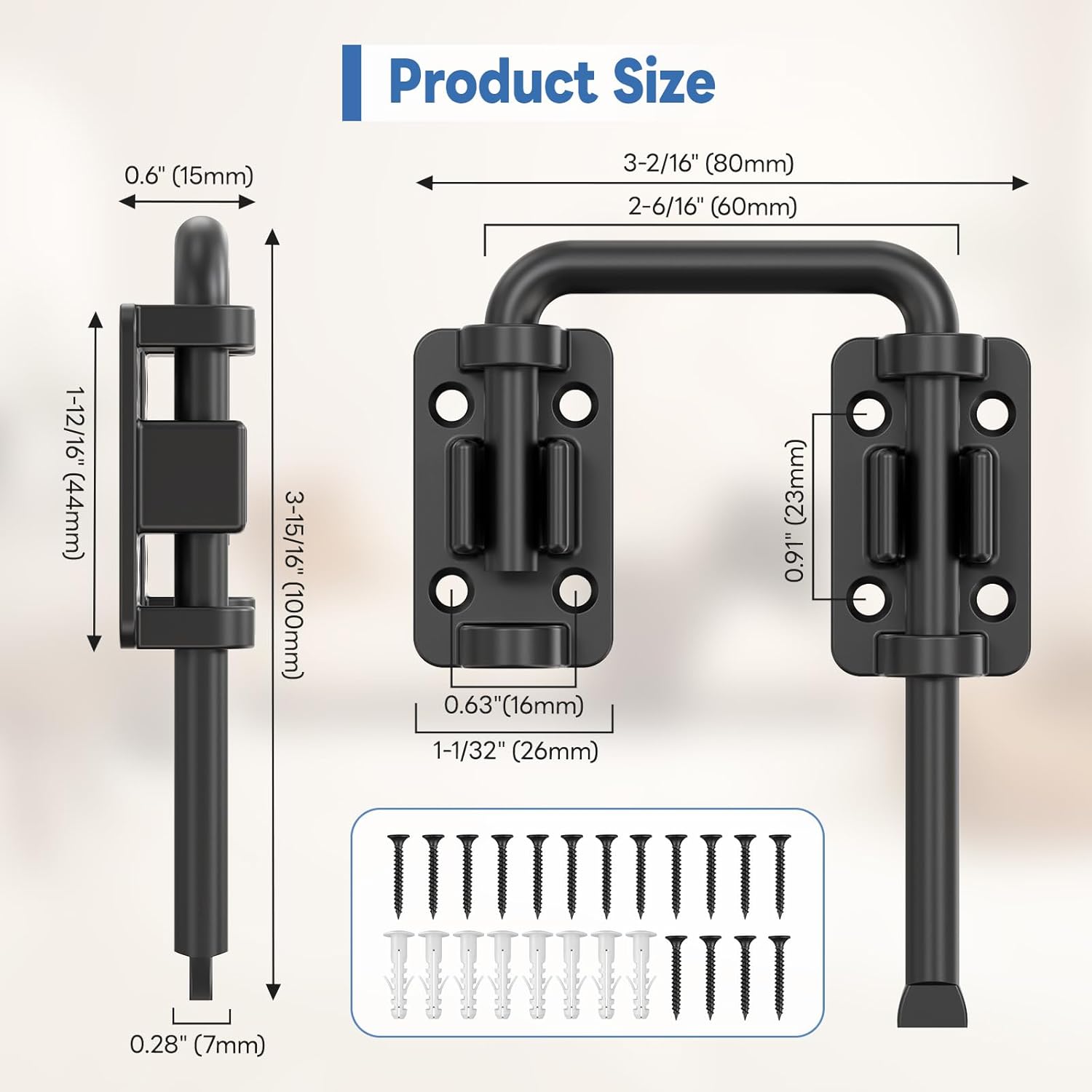 Sliding Door Loop Lock, 90/180 Degree Stainless Steel Patio Door Latch for Sliding Barn/Single/Double Opening Gate, Shed, Closet, Window, Fence - Home Security Loop Latch (Black-2PCS)