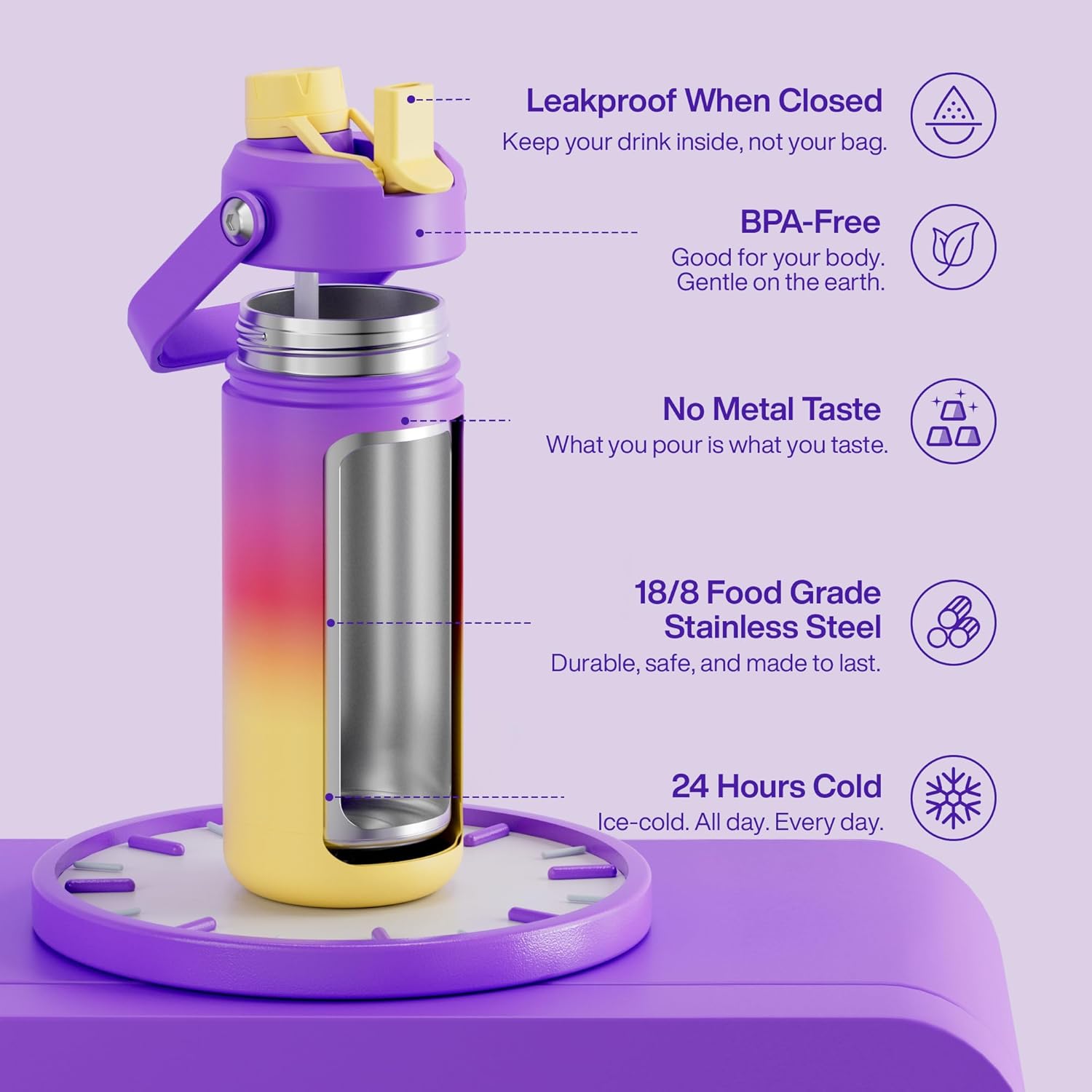 ENCOOL Insulated Water Bottle with Straw Stainless Steel Water Bottle, Leak-Proof, BPA-Free, Double Wall Vacuum Keeps Cold for 24 Hours for Sports, Travel, School (18 oz, Peach Dream)