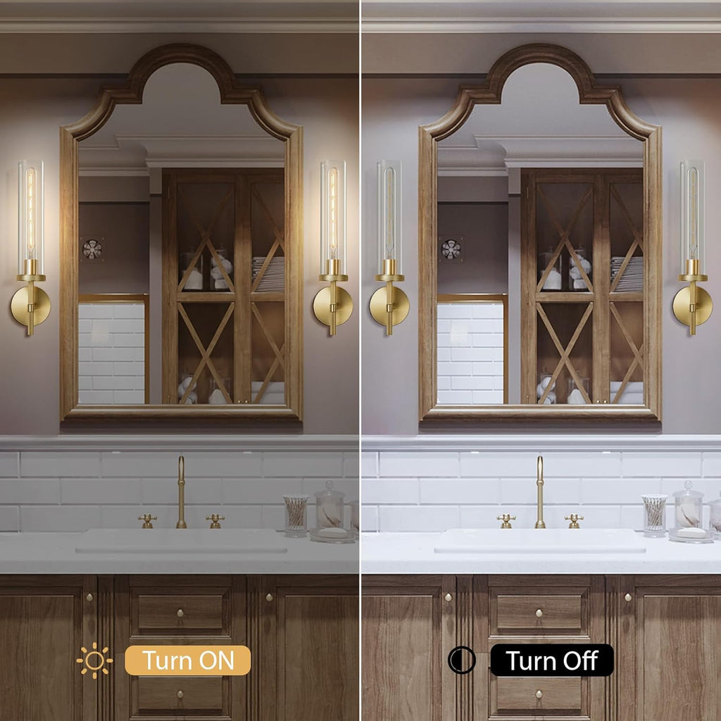 Antique Gold Wall Sconce 19.48" Modern Luxe Wall Lighting with Clear Glass Tube, Living Room Bedroom Bathroom Mirror Sconces, Staircase Decor Hallway Lamp Fixture(Including Bulb)