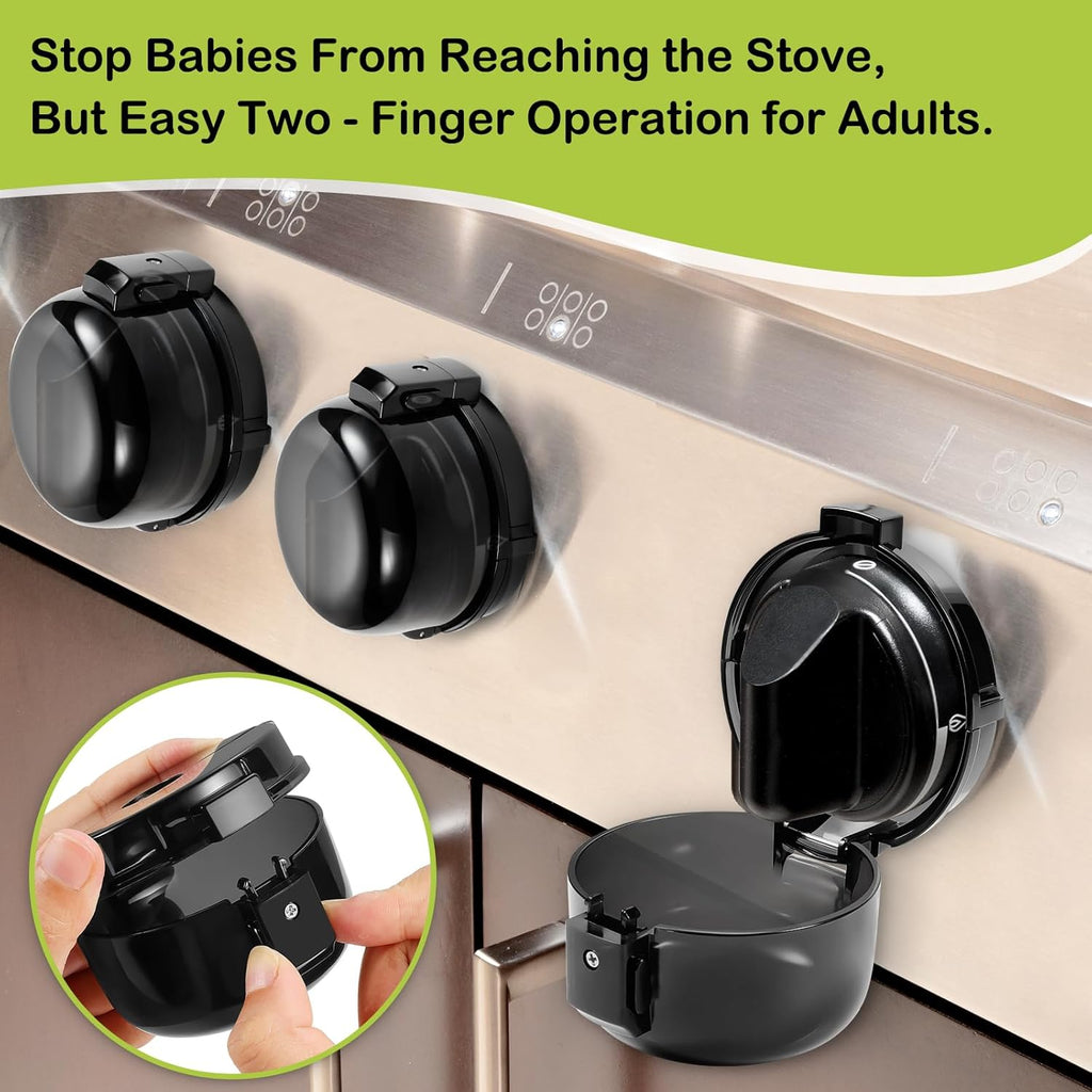 Stove Knob Safety Covers, for Knob Diameter Less Than 2.4", Unlock with Adult Two-Finger, Dual-Key Press Gas Stove Knob Locks, Upgraded Oven Lock Knob Covers for Child Safety, Black Color, Pack of 5
