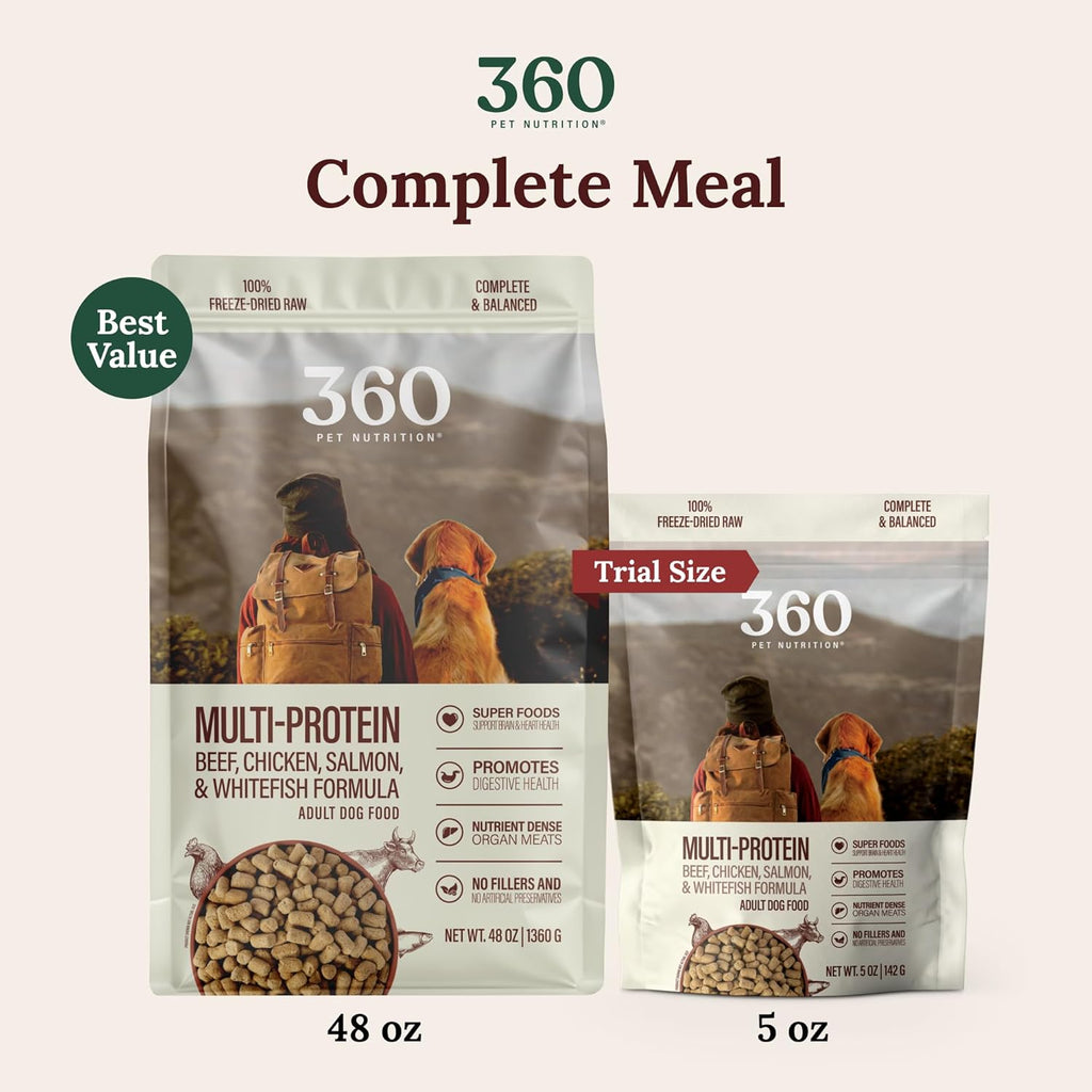 360 Pet Nutrition Freeze-Dried Raw Dog Food – Multi-Protein with Beef, Chicken, Fish, Liver & Organs, High Protein, Omega-3s, Fruits, Veggies & Superfoods, Grain-Free, No Fillers, 5 oz – Made in USA