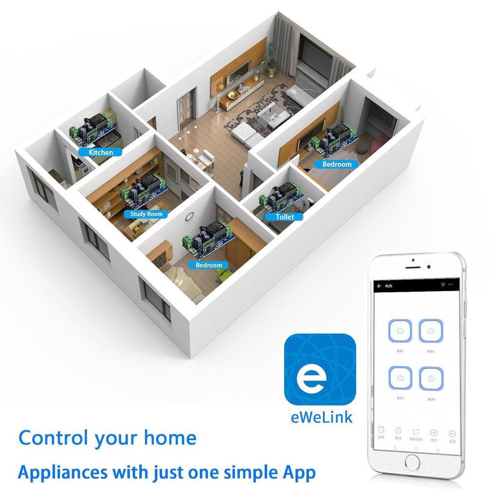 Ewelink WiFi Wireless Smart Relay Module USB 5v/12v/24v/48v Inching Selflock Remote ON Off Power Switch for Access Control,Turn on PC, Compatible with Alexa Google Home