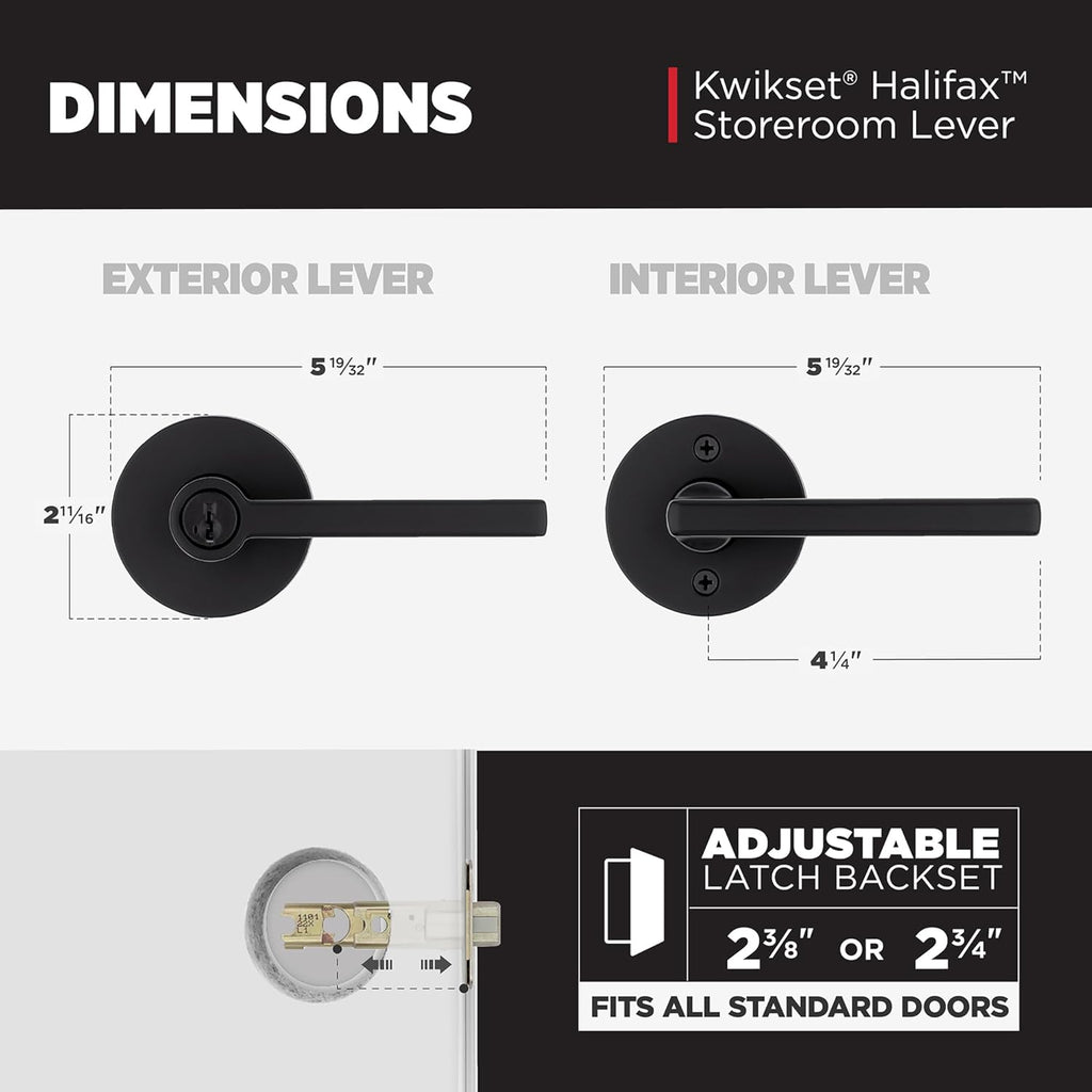 Kwikset Halifax Keyed Storeroom Entry Door Handle with Lock and Key, Secure Keyed Reversible Lever Exterior, Front Entrance and Bedrooms, Matte Black, Pick Resistant SMT Rekey Security and Microban