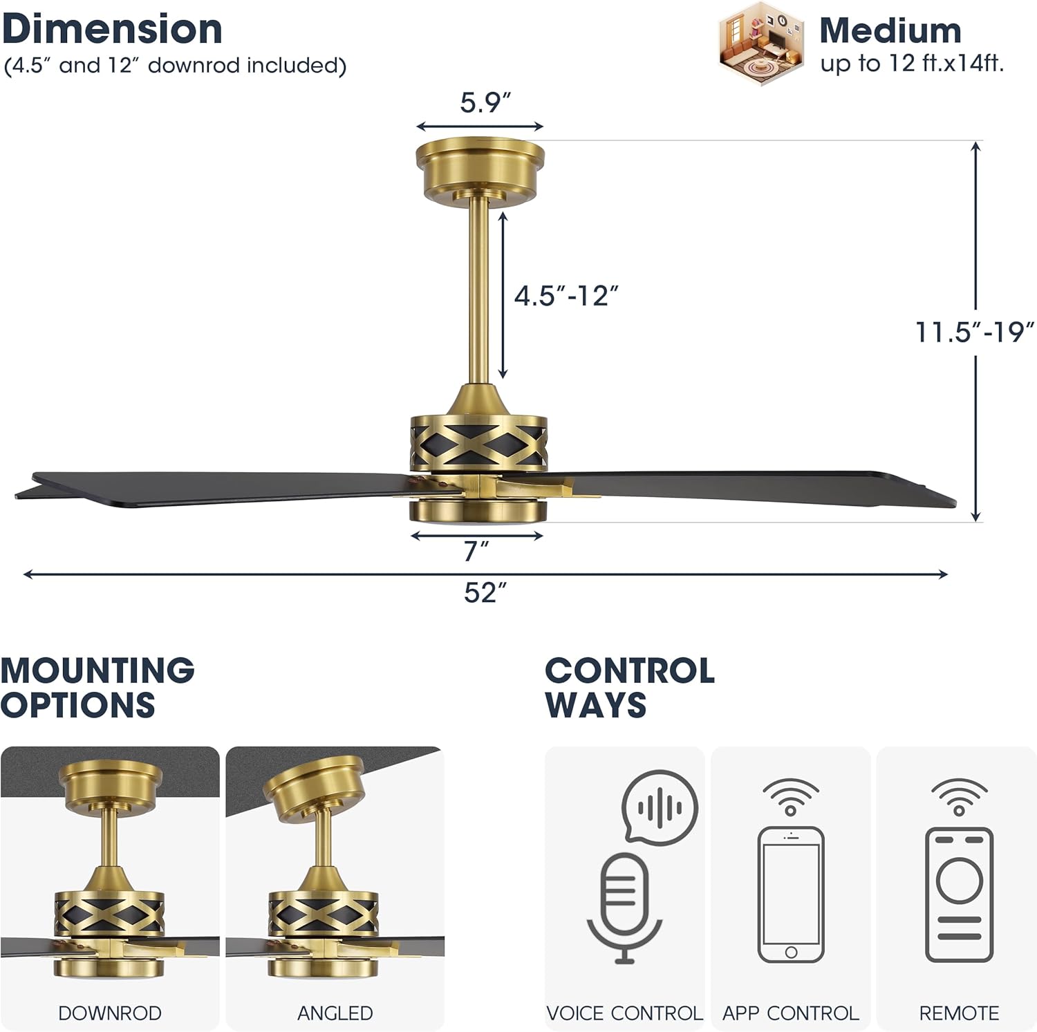 WINGBO 52" Smart Ceiling Fan with Lights, 5 Plywood Blades, 6 Speeds Reversible DC Motor, Works with Alexa and Google Assistant, 3CCT Dimmable LED Ceiling Fan for Bedroom Living Room, Brass and Black