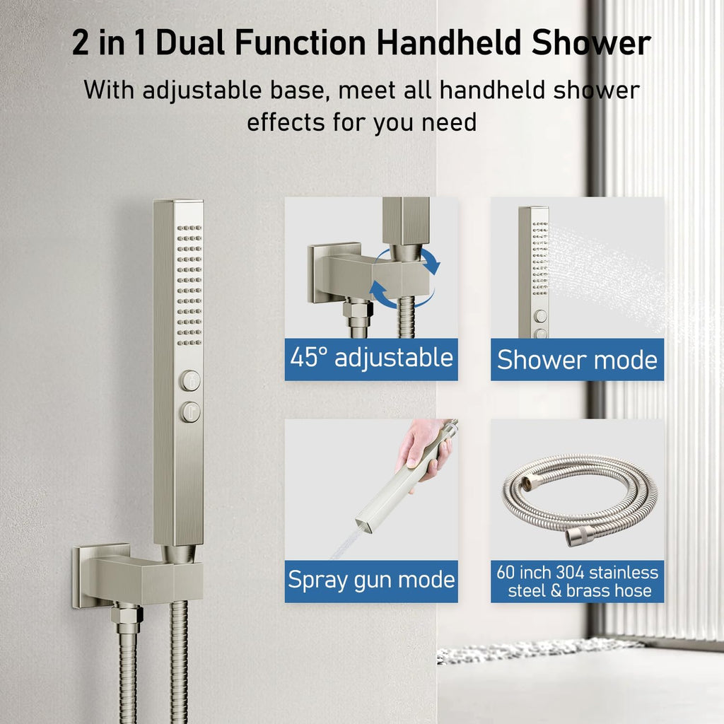Shower Faucets Sets Brushed Nickel Shower System,12" Ceiling Rainfall Shower and 6" Wall Mount with 2 in 1 Handhled, Can Use All at Once, Thermostatic Shower Set with Valve and Trim Kit