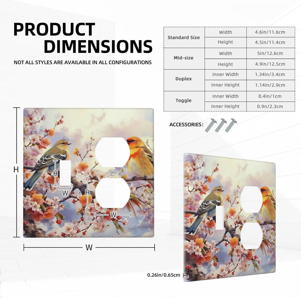 Decorative Outlet Covers Birds Sitting on Tree Branch Pink Flower 2 Gang Wall Plate Single Toggle Duplex Light Switch Cover Switch Plate Covers Faceplate for Bedroom Home Decor