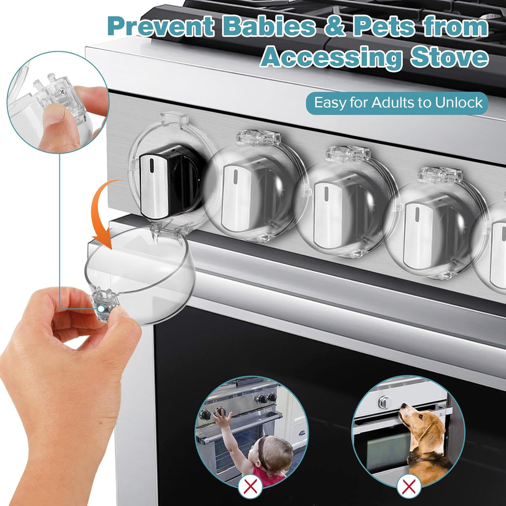 Stove Knob Safety Covers, for Knob Diameter Less Than 2.4", Press Gas Stove Knob Locks, Unlock with Two-Finger, Oven Knob Covers for Child Safety, Clear, Pack of 5