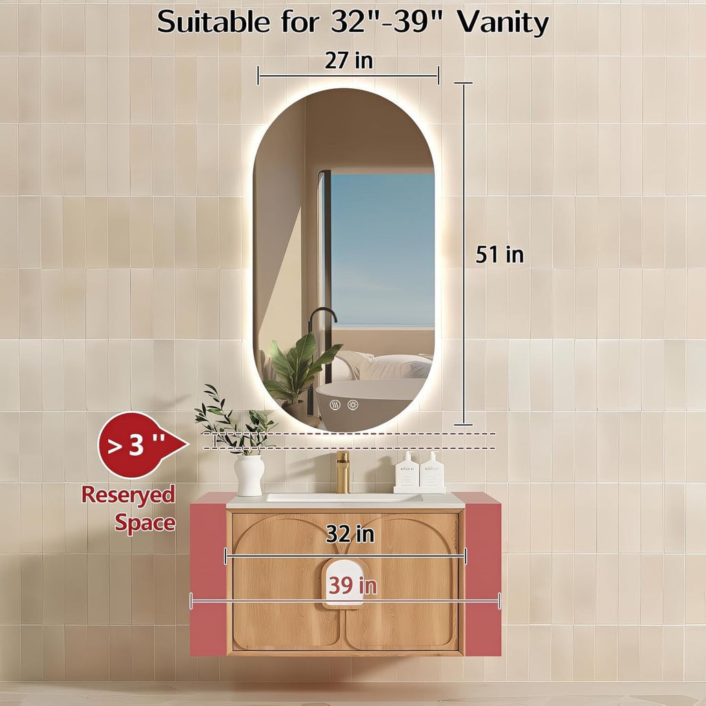 51" x 27" Oval LED Mirror for Bathroom, Backlit Vanity Mirror with Lights, Frameless Smart Wall Mirror, 3 Colors Stepless Dimmable, Anti-Fog, Shatterproof, Memory, CRI95+(Horizontal/Vertical)