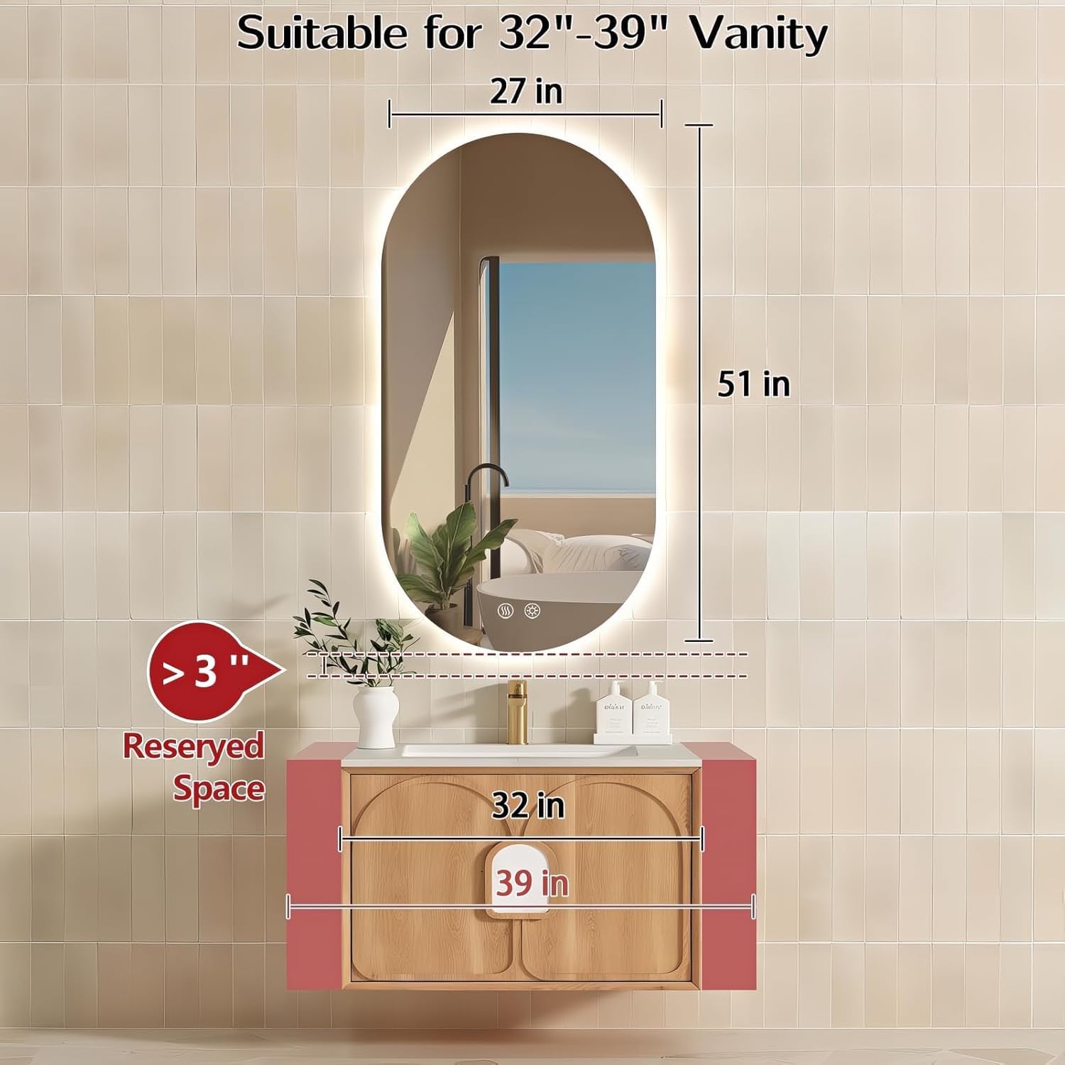 51" x 27" Oval LED Mirror for Bathroom, Backlit Vanity Mirror with Lights, Frameless Smart Wall Mirror, 3 Colors Stepless Dimmable, Anti-Fog, Shatterproof, Memory, CRI95+(Horizontal/Vertical)