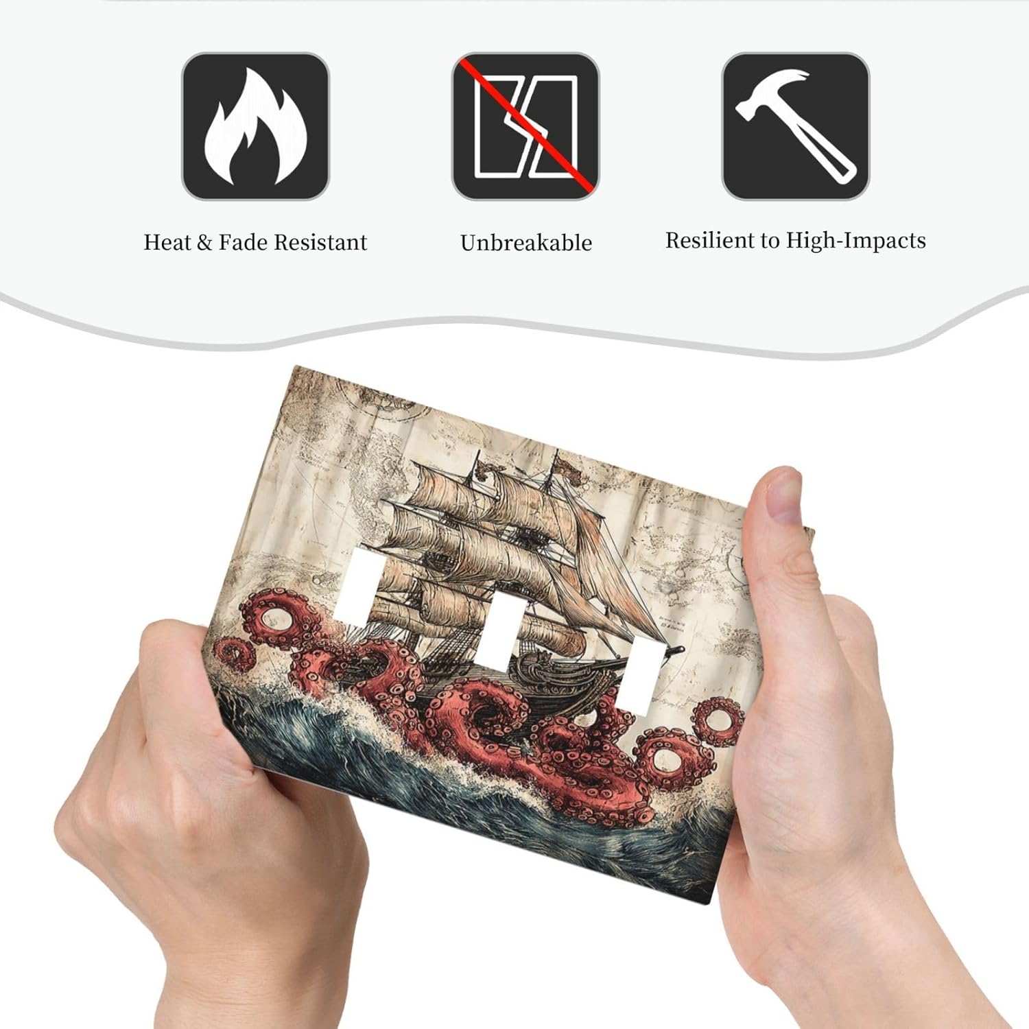 Decorative Switch Plates Vintage Octopus Ocean Sailboat Bizarre Adventure 3 Gang Wall Plate Faceplate Triple Toggle Light Switch Cover Electrical Wall Panels for Bathroom Kids room Decor