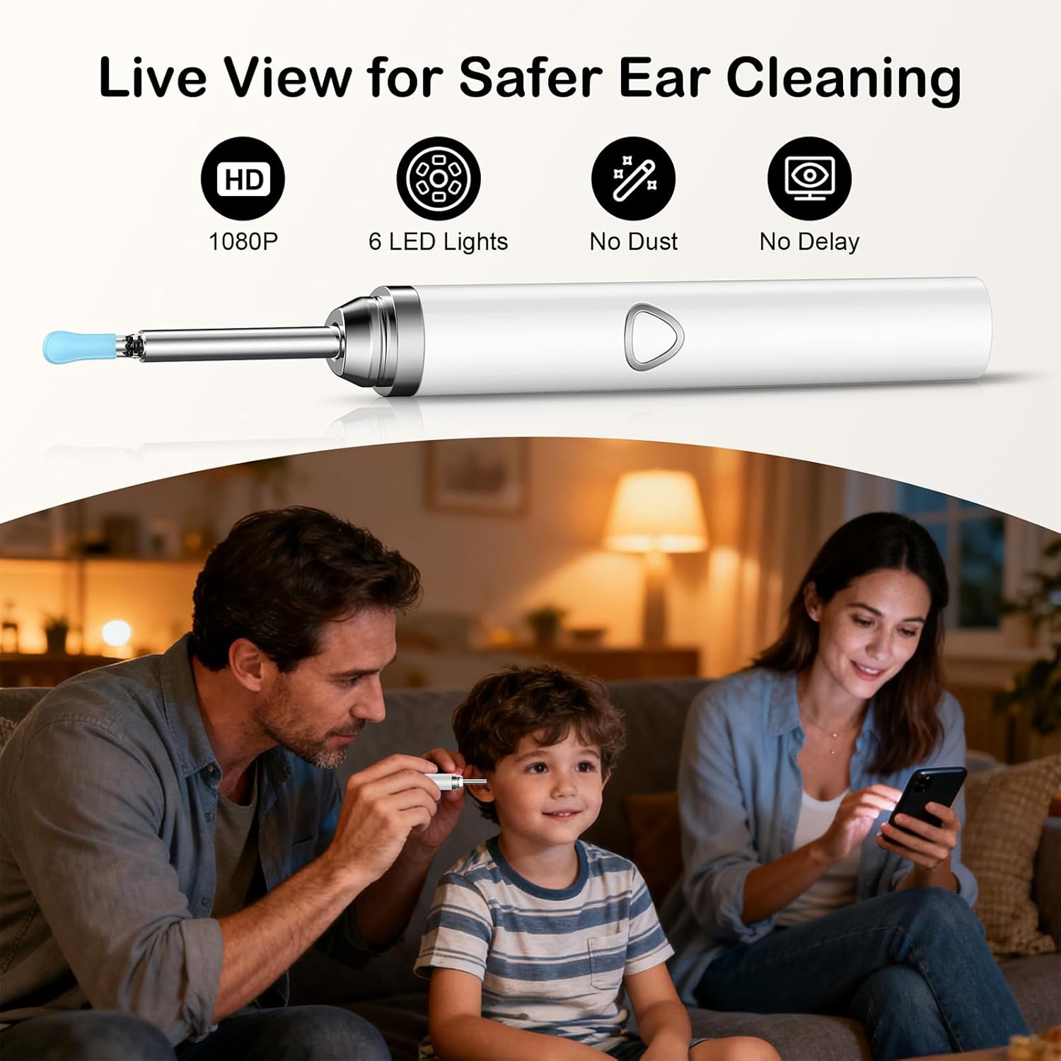 Ear Wax Removal Tool Camera，Wireless Ear Cleaner with Camera 1080P, Earwax Removal Kit with 6 LED Light 5 Replacement Ear Spoon, Ear Camera for iOS & Android (White)