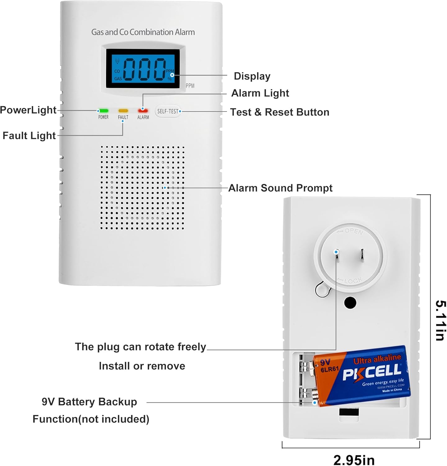 Plug in Combination Gas & Carbon Monoxide Detectors - Natural Gas Detectors & Carbon Monoxide Alarm for Home, Co Detector & Gas Detectors with Digital Display,Holds 9V Battery (not Included)