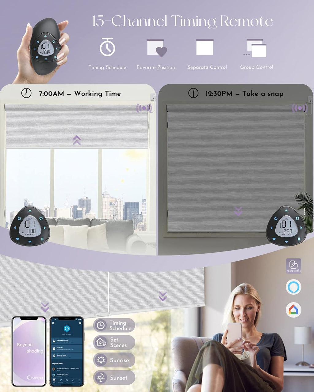 Graywind Smart Blackout Roller Shades Compatible with Alexa Google WiFi Hardwired Textured Gleaming Fabric Motorized Blinds Remote Window Shades, Custom Size (Striped Light Grey)