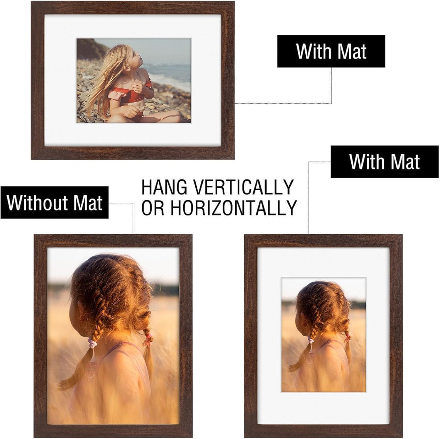 Golden State Art, 9x12 Picture Frame with Mat for 6x8 - High Definition Glass Wall Mounting Horizontal Vertical Display (Brown, 1 Pack)