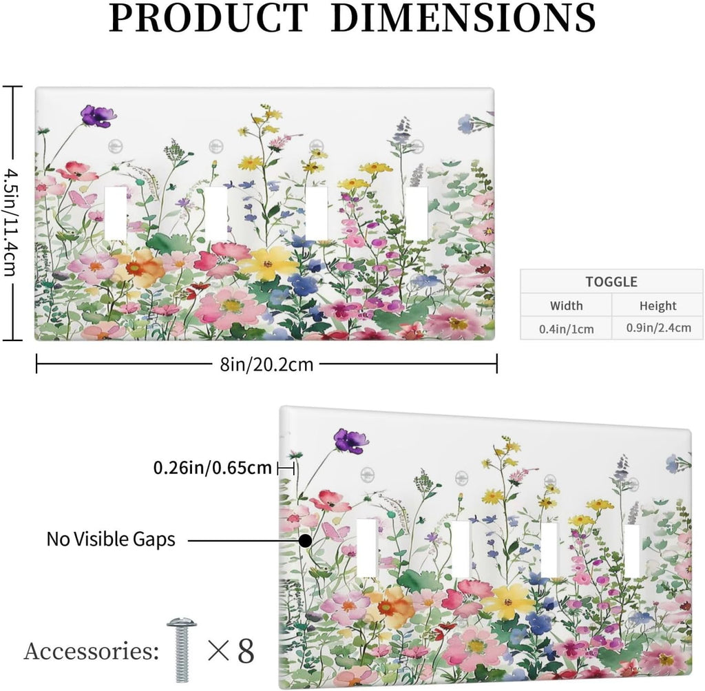 Light Switch Covers Boho Colorful Flowers Plant Rustic Wildflower Quad Toggle Electrical Faceplate 4 Gang Wall Plate Decorative Switch Plates for Bed Room Bathroom Decor