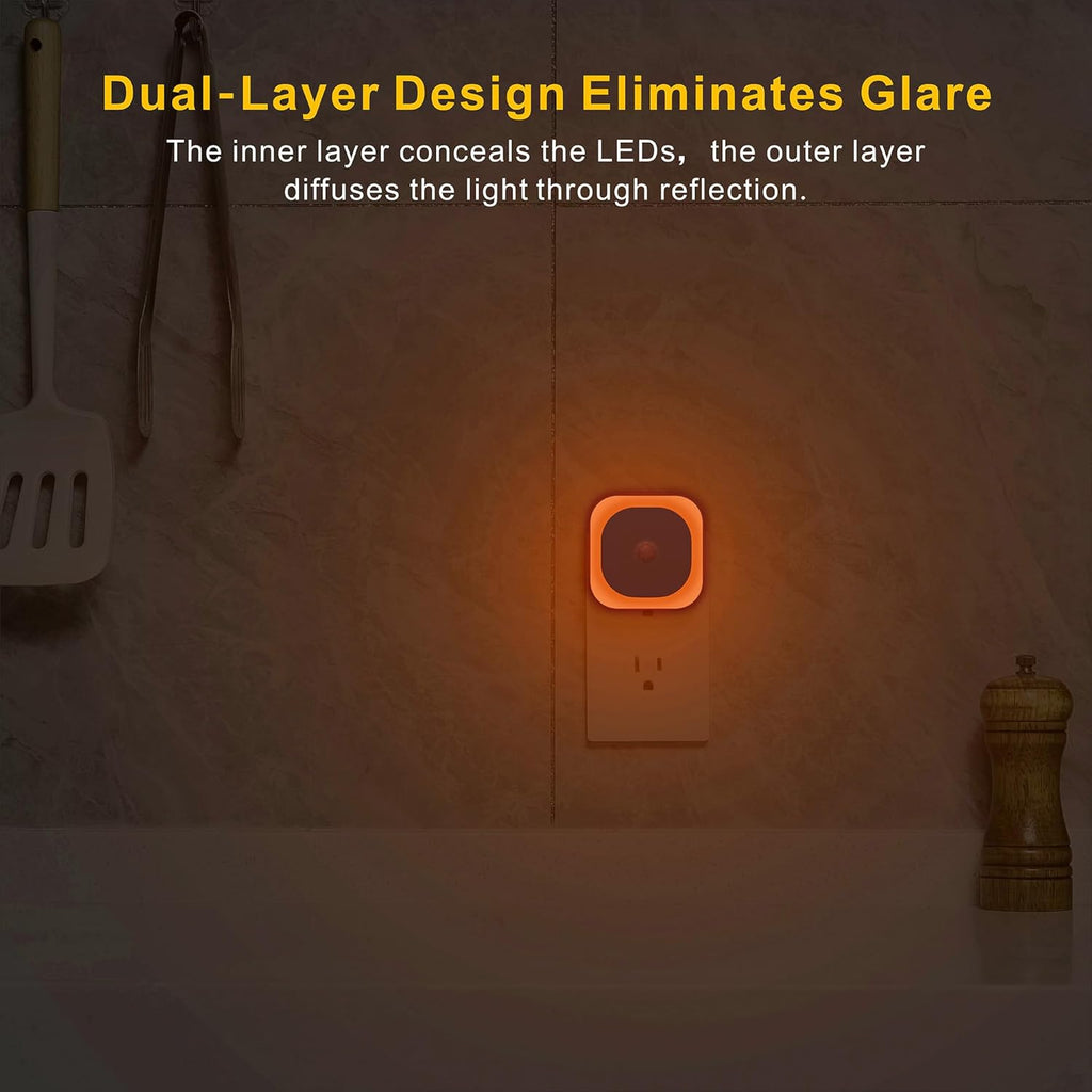 2 Pack Plug in Night Light with Motion Sensor & Dusk to Dawn Sensor, 3 Sensor Modes, Dimmable Night Lights Plug into Wall, Amber Nightlight for Sleep, Bathroom, Bedroom, Indoors, Kids