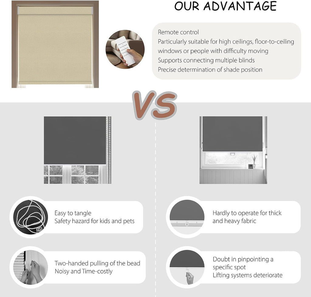 Motorized Roller Blinds with Remote, 100% Blackout Automatic Roller Shades for Bedroom, Bathroom, and Living Room, Customized Size, Morning Beige
