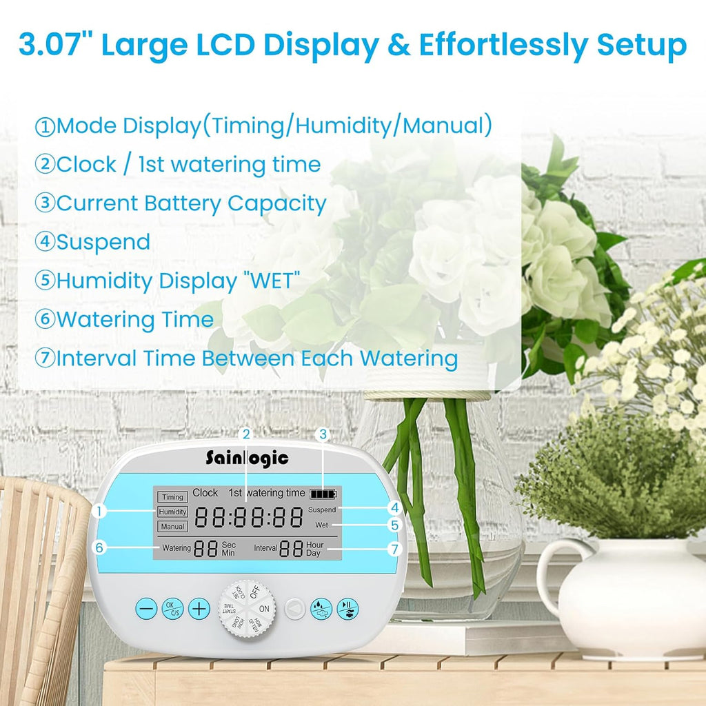 Sainlogic Smart Automatic Plant Waterer for 15 Potted Plants, Self Watering System with Deep Root Irrigation, Humidity Monitor Display, IP64 Programmable Timer for Travel, Vacation, Indoor Garden
