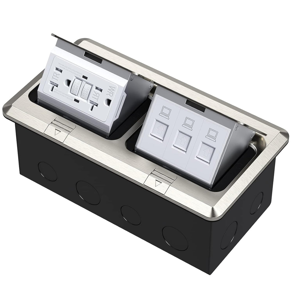 KYHSHJ Dual Pop-Up Floor Electrical Outlet Box Kit，20 Amp Stainless Steel GFCI TR Receptacle Outlet，3-Port RJ45 Datacom Receptacle，Waterproof Gasket with IP44 Waterproof Rating, Stainless Steel Color