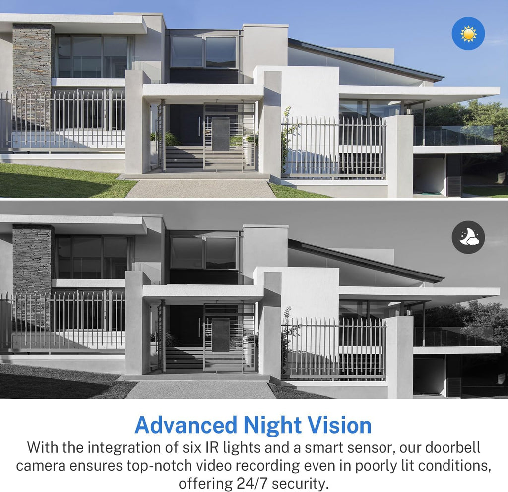 WiFi Video Doorbell Camera with Human Detection, Battery Powered, Night Vision, 2-Way Talk, 2.4G WiFi, Cloud Storage