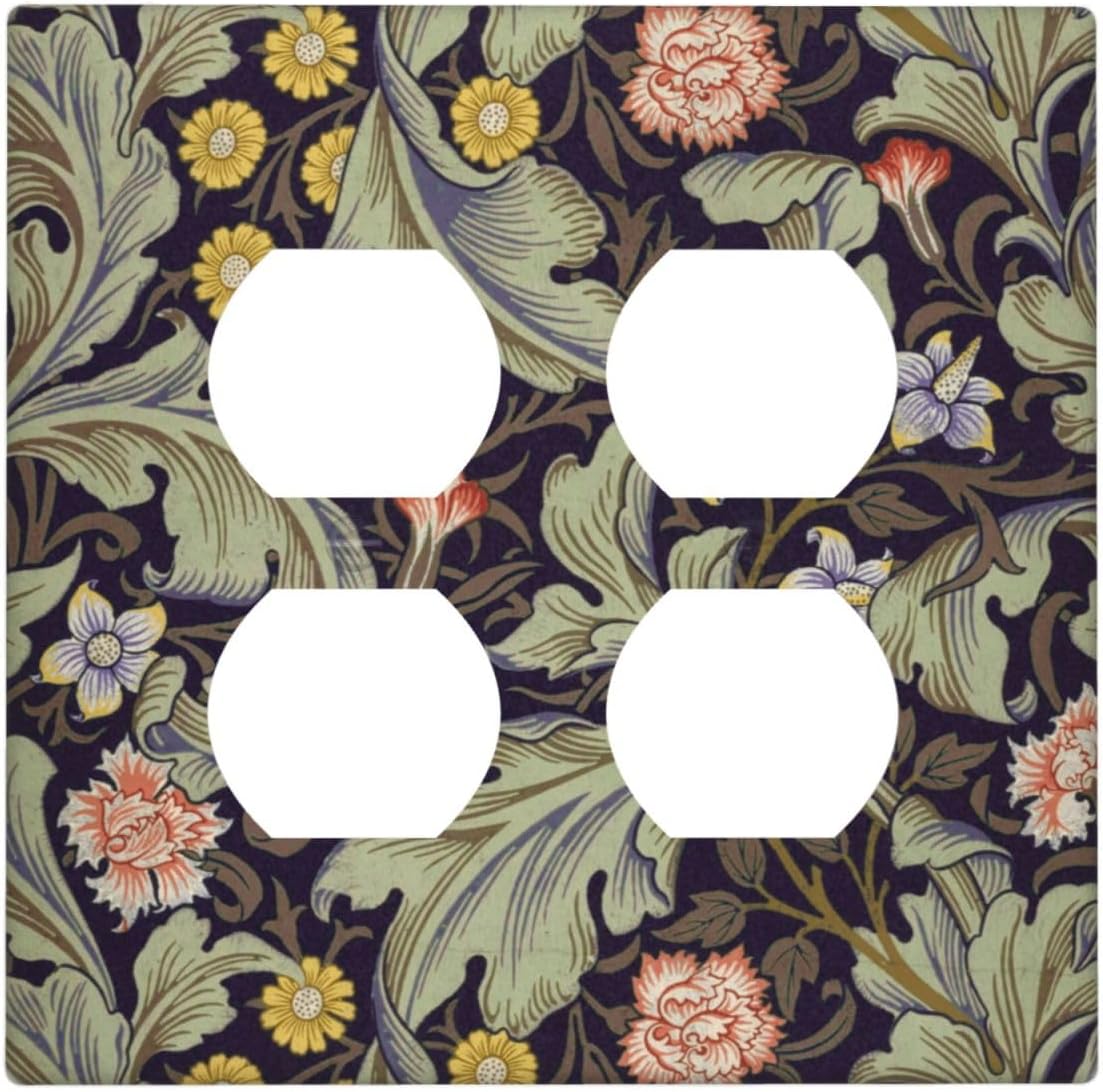 Boho William Morris Floral Green Leaves Flower Outlet Covers 2 Gang Double Duplex Decorative Light Switch Covers Electrical Wallplates Socket Faceplate for Farmhouse Home Decor