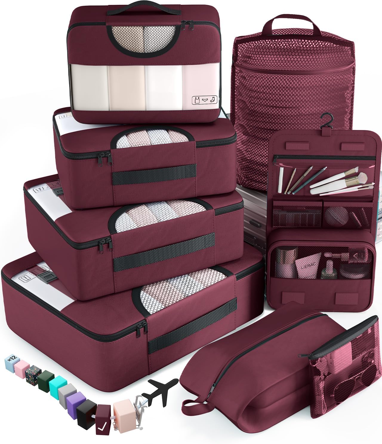 Veken 8 Set Packing Cubes for Travel Essentials, Christmas Gifts, Suitcase Organizer Bags in 4 Sizes, Carry-On Luggage Accessories with Large Laundry & Hanging Toiletry Bag, Must-Have for Airplane
